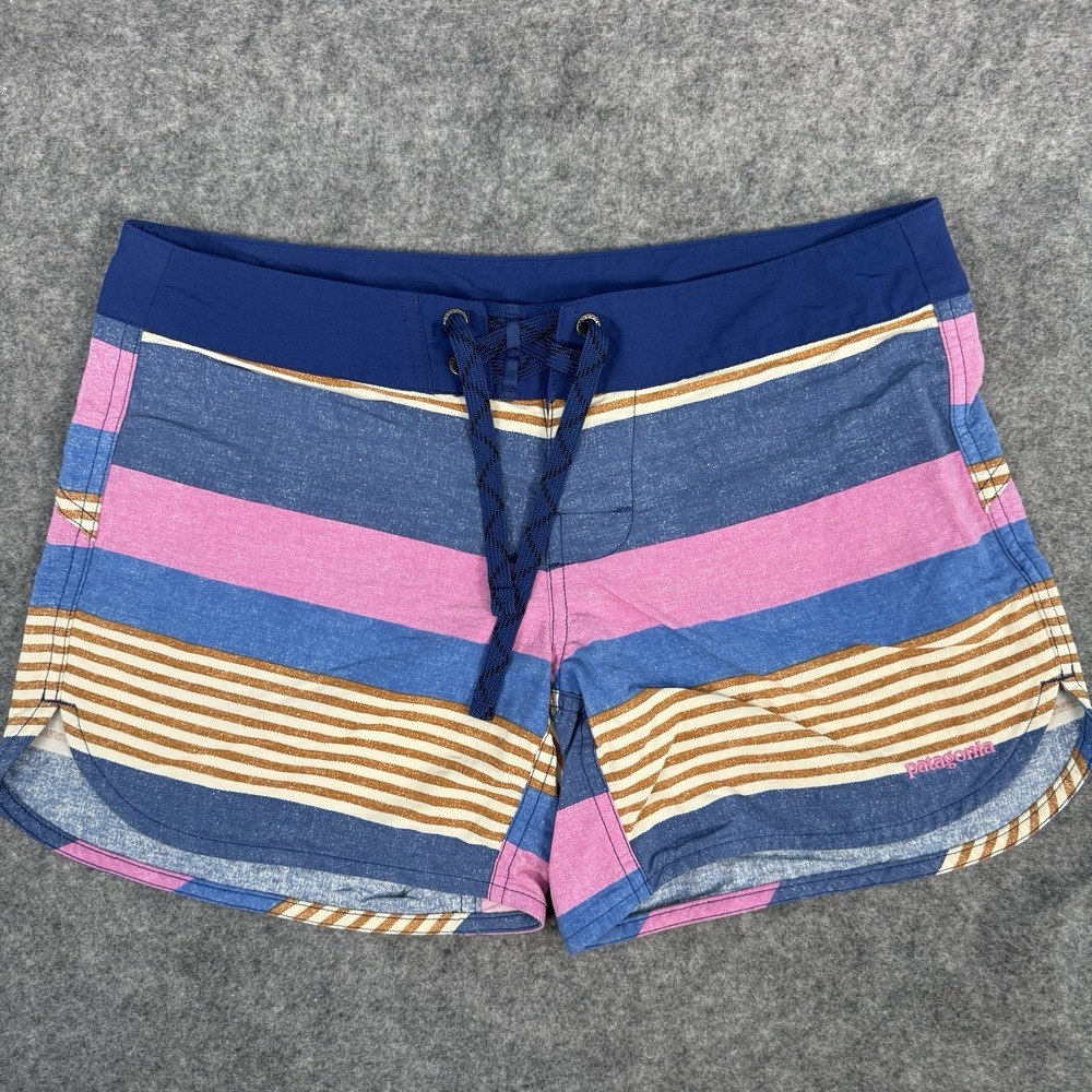 Patagonia Board Shorts Womens 2 Wavefarer‎ Surf Trunks Stripe Blue Pink Water
